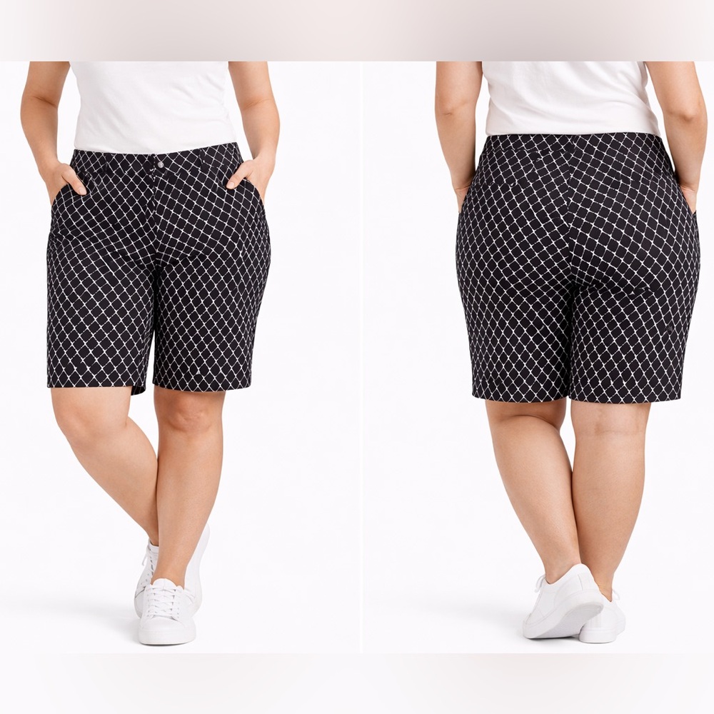 Counterparts 10P Black White Geometric Bermuda Shorts Stretch Career Casual